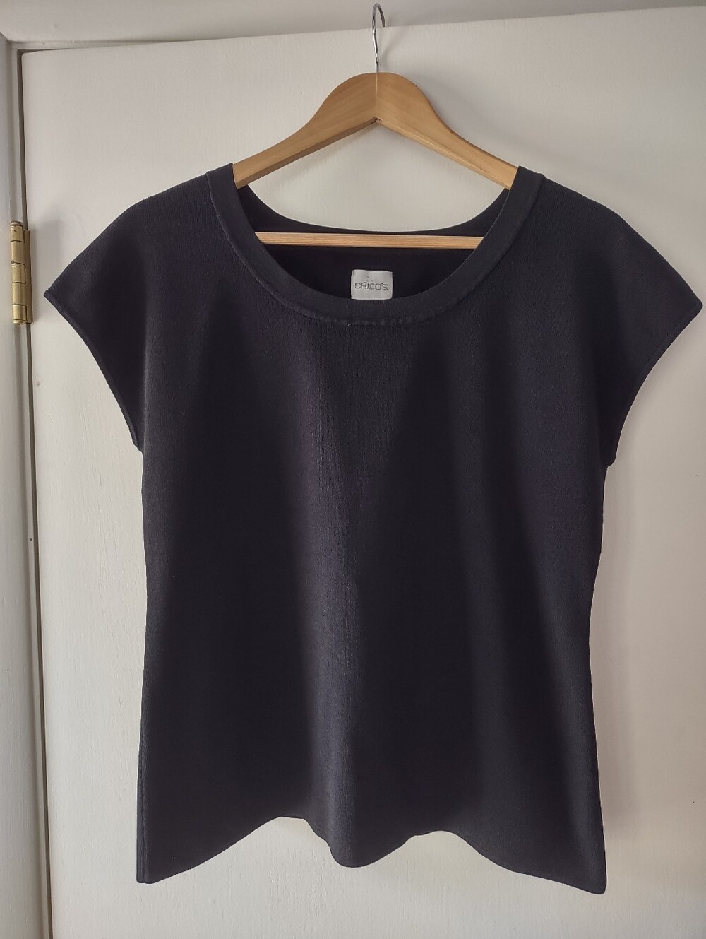 Chico's Black Short Sleeve Top Women's Size L Classic Crew Neck Stretch Knit